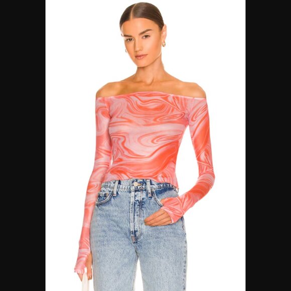 superdown Tops - Superdown Revolve Emmie Off Shoulder Top Orange Pink Marble Swirl Semi-Sheer $58